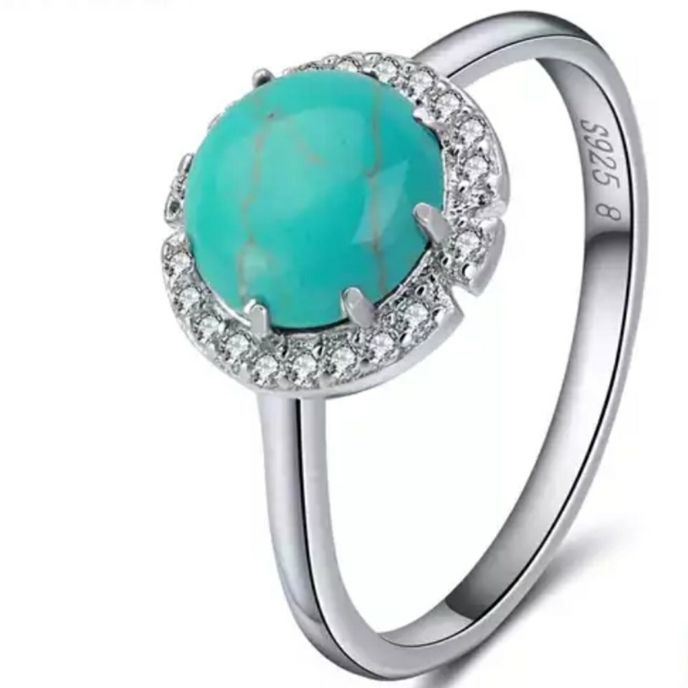 Silver Round Turquoise Diamond Fancy Halo Ring - Picture 2 of 6
